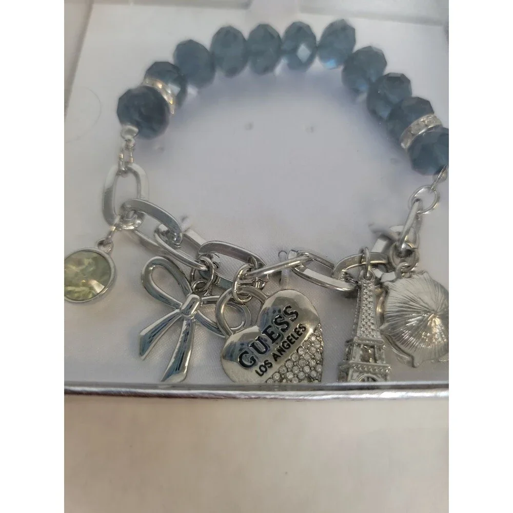 Guess Charm Bracelet France Eiffel Tower Silver Tone Blue Gems